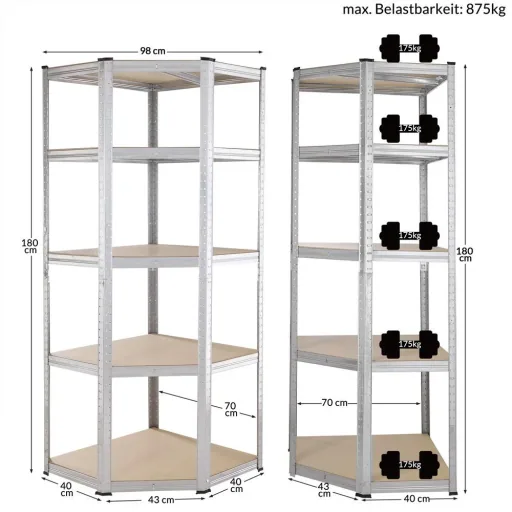Deuba Metall-Lagerregal/Eckregal mit 5 Fachböden - 875kg Kapazität - (HxBxT) 180x70x40 cm - 175kg pro Fachboden