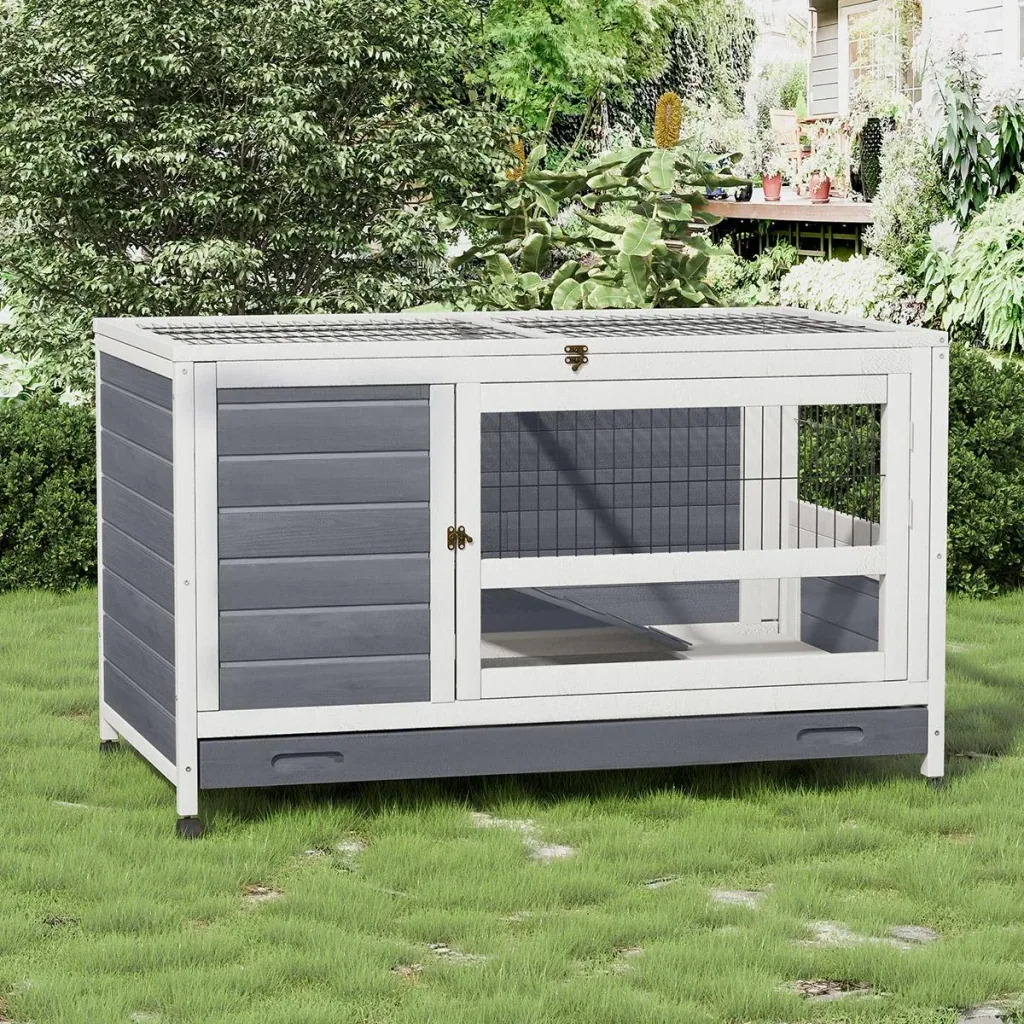Kaninchenstall mit Rädern Doppelstöckiger Massivholz Grau+Weiß 102 x 60 x 63,5 cm