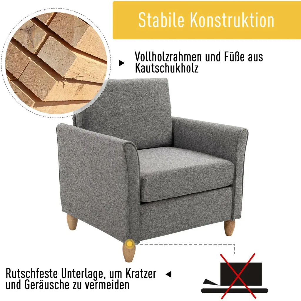 Polstersessel Sessel mit Armlehnen + Kissen Leinen Hellgrau 200 kg Belastbarkeit