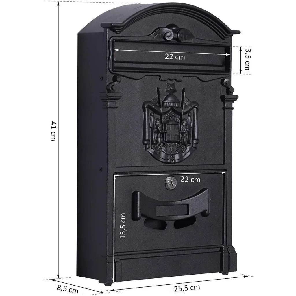 Postkasten Briefkasten abschließbar mit Schutzklappe inkl. 2 Schlüssel Aluminium Schwarz 25,5 x 8,5 x 41 cm