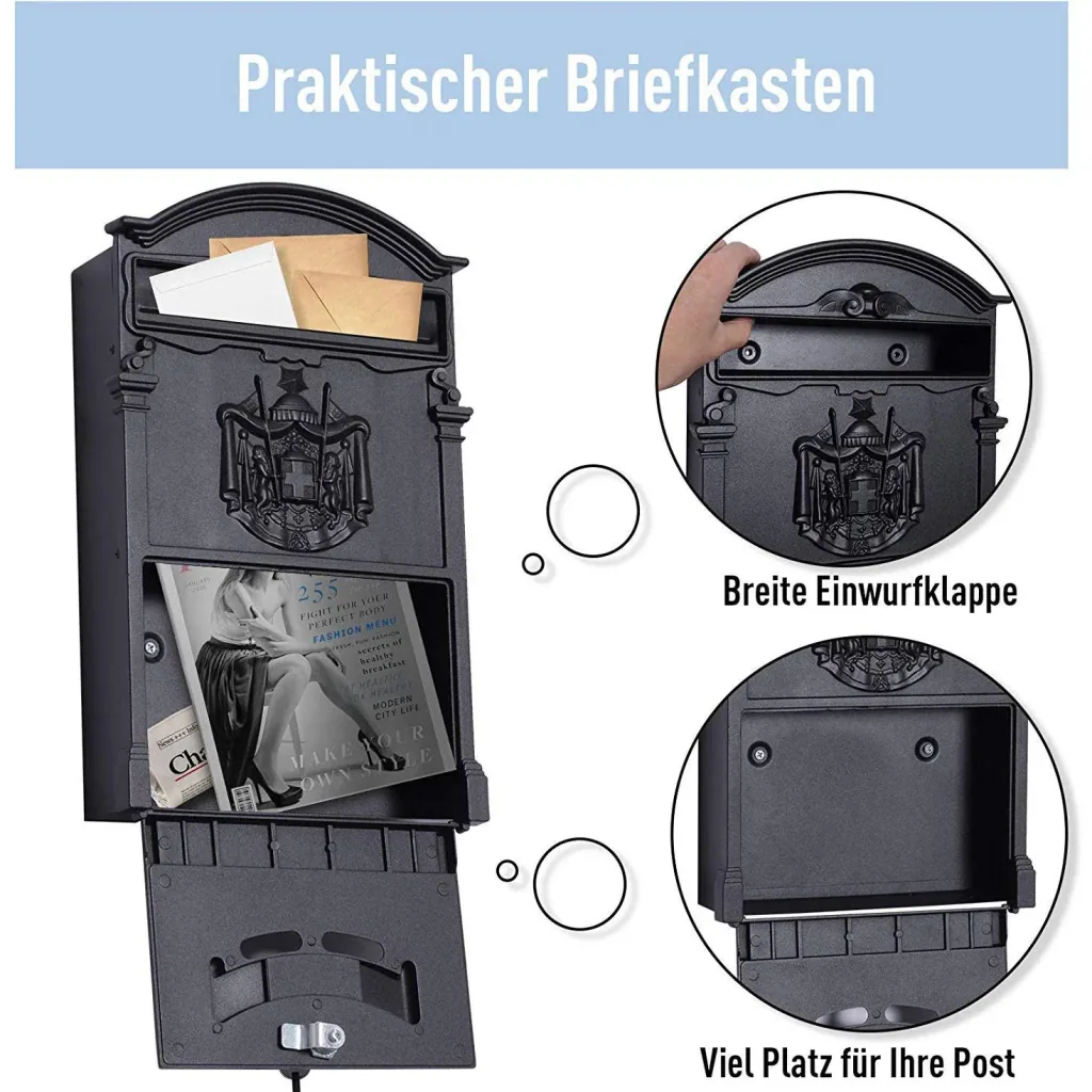 Postkasten Briefkasten abschließbar mit Schutzklappe inkl. 2 Schlüssel Aluminium Schwarz 25,5 x 8,5 x 41 cm