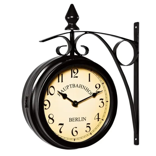 Retrolook Bahnhofsuhr doppelseitig schwarz