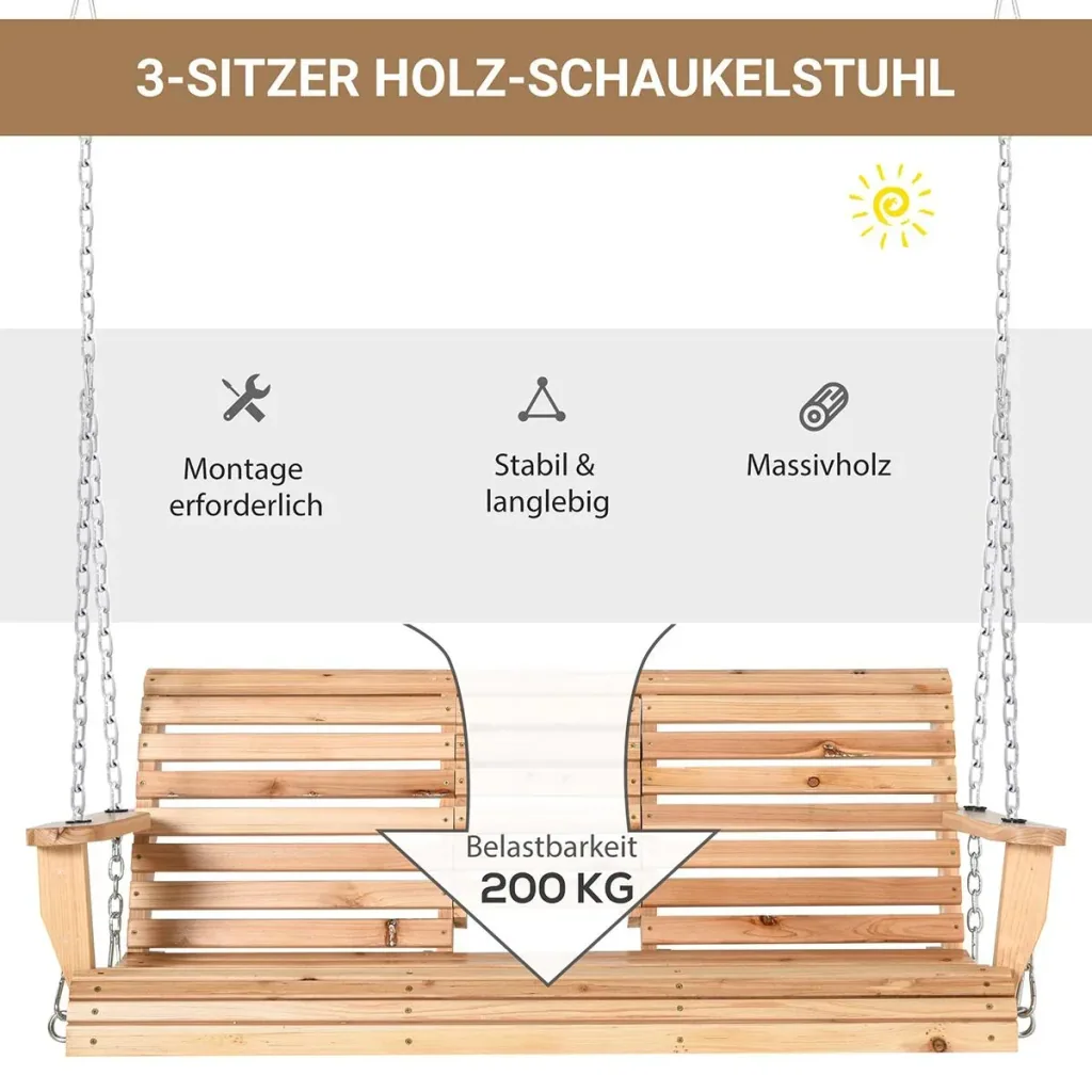 Hängebank Gartenschaukel Schaukelbank mit faltbarem Couchtisch für 2-3 Personen Tannenholz Patio Terrasse Hinterhof komf