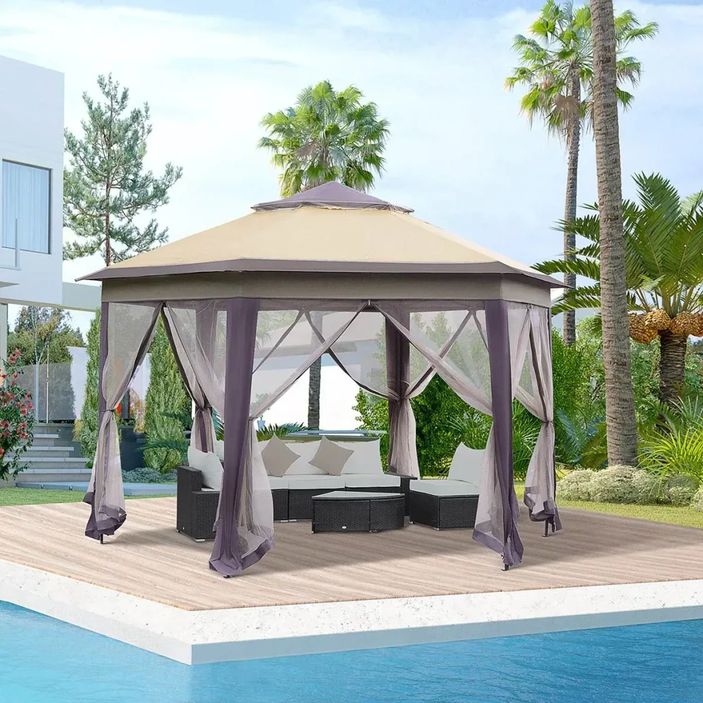 Gartenpavillon Faltpavillon 4 x 4 m Pop-Up-Zelt Partyzelt inkl. Tragetasche 6 Seitenteile Doppeldach sechseckig Kaffee+B