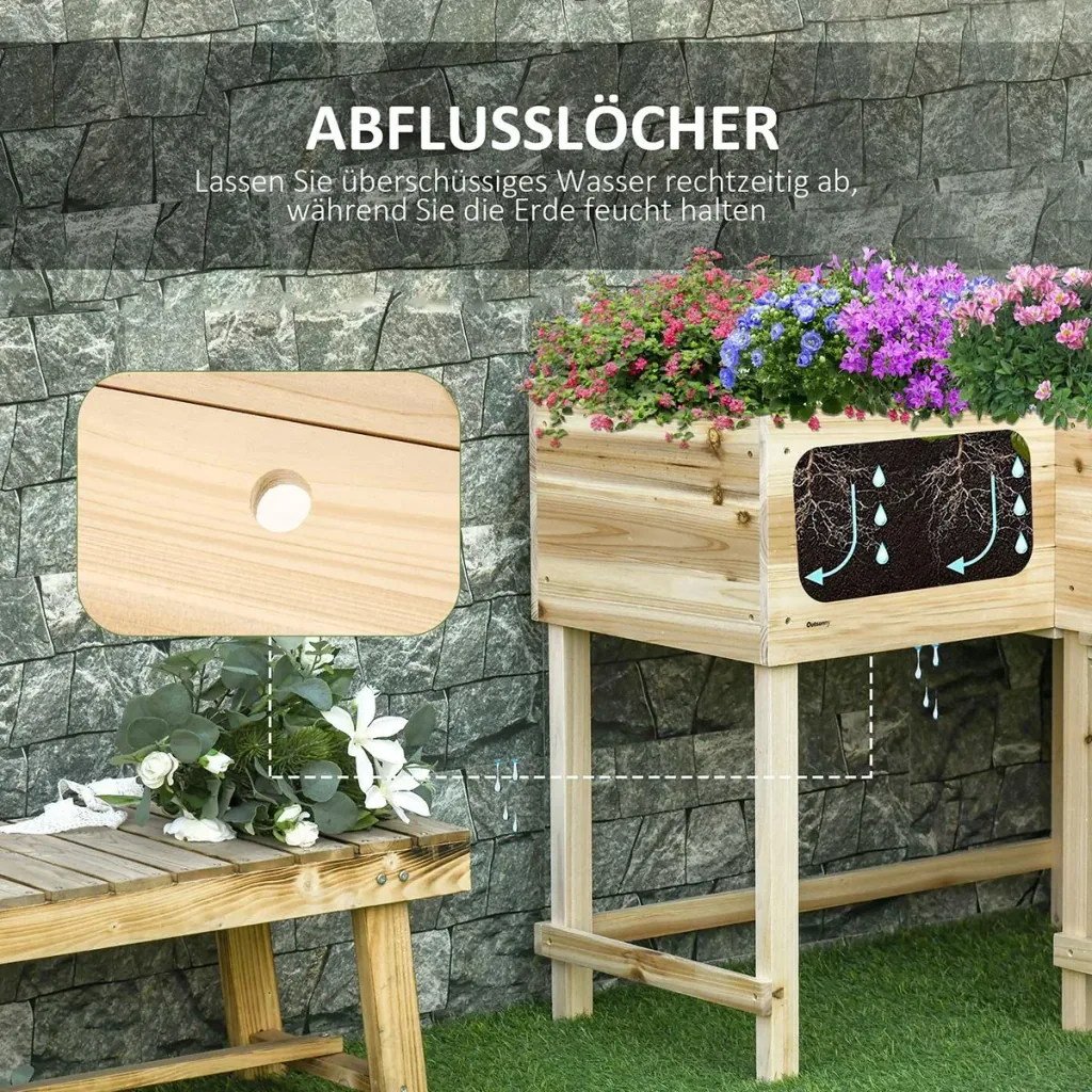 Hochbeet Holz Pflanzkasten mit Bewässerungssystem Vliesstoff Blumenkasten Blumentopf Kräuterbeet Natur 121 x 91 x 81 cm