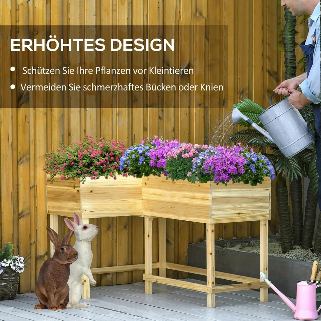 Hochbeet Holz Pflanzkasten mit Bewässerungssystem Vliesstoff Blumenkasten Blumentopf Kräuterbeet Natur 121 x 91 x 81 cm