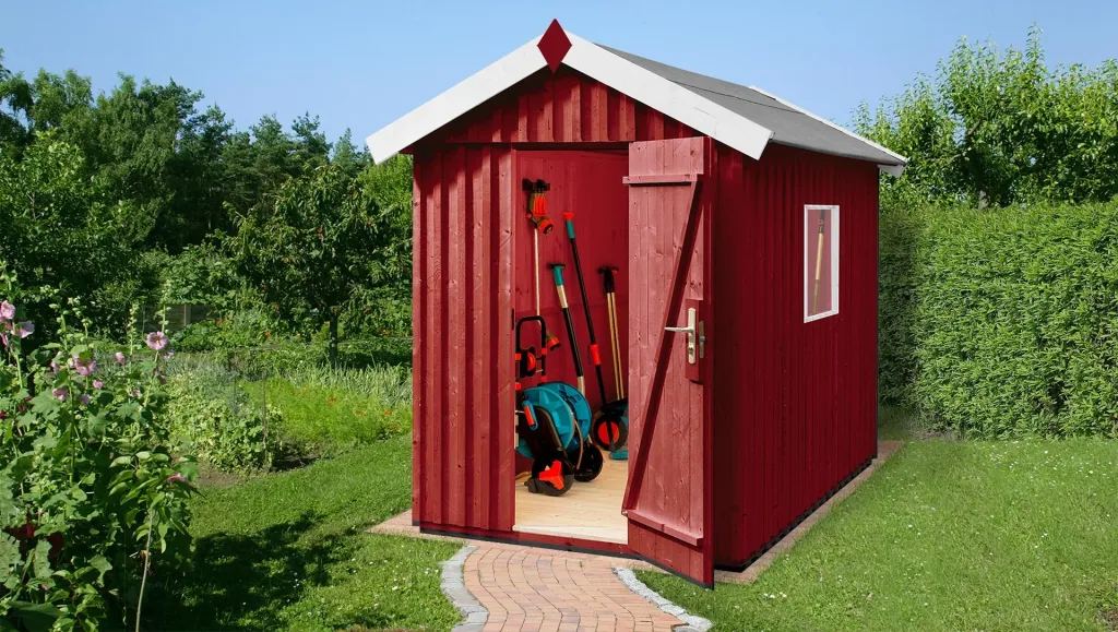 Schwedenhaus Gr.2, L x B x H 200 x 286 x 220 cm, sägerauh, schwedenrot, mit Einzeltür und Fenster