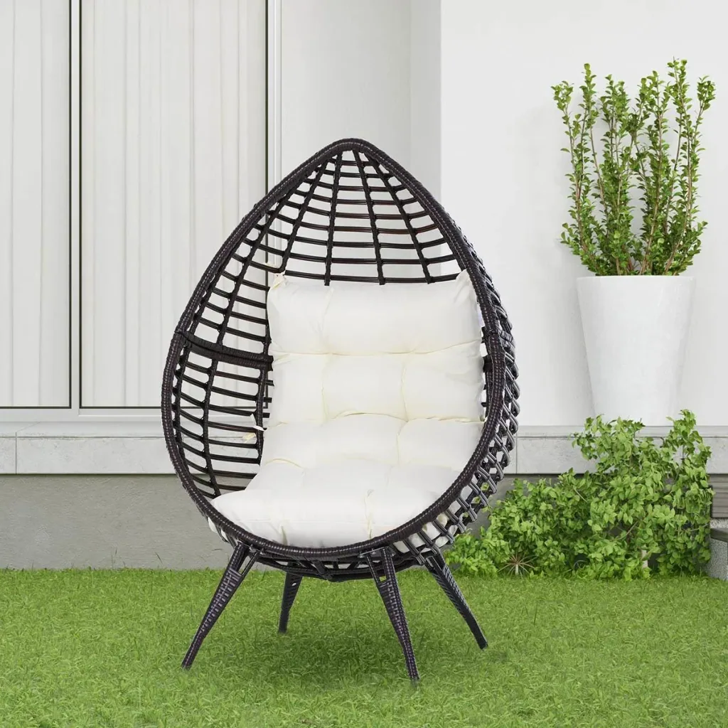 Rattansessel in Tropfenform, Gartensessel mit Sitzkissen, Erhöhter Rattanstuhl, Stahl, Braun, 101 x 89 x 156 cm