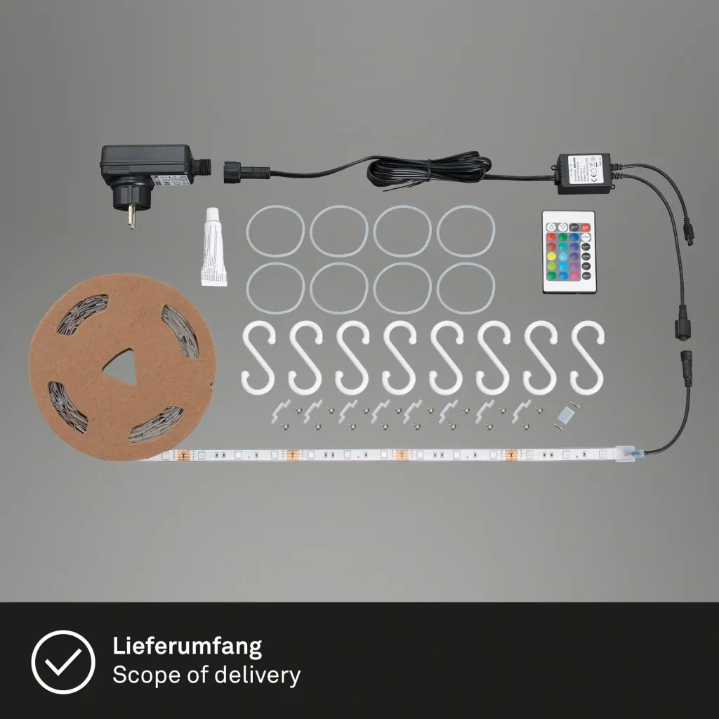 RGB-LED Flexband für den Außenbereich, 5m, IP44,  150 RGB-LEDs, mit Fernbedienung, inklusive Befestigungsset