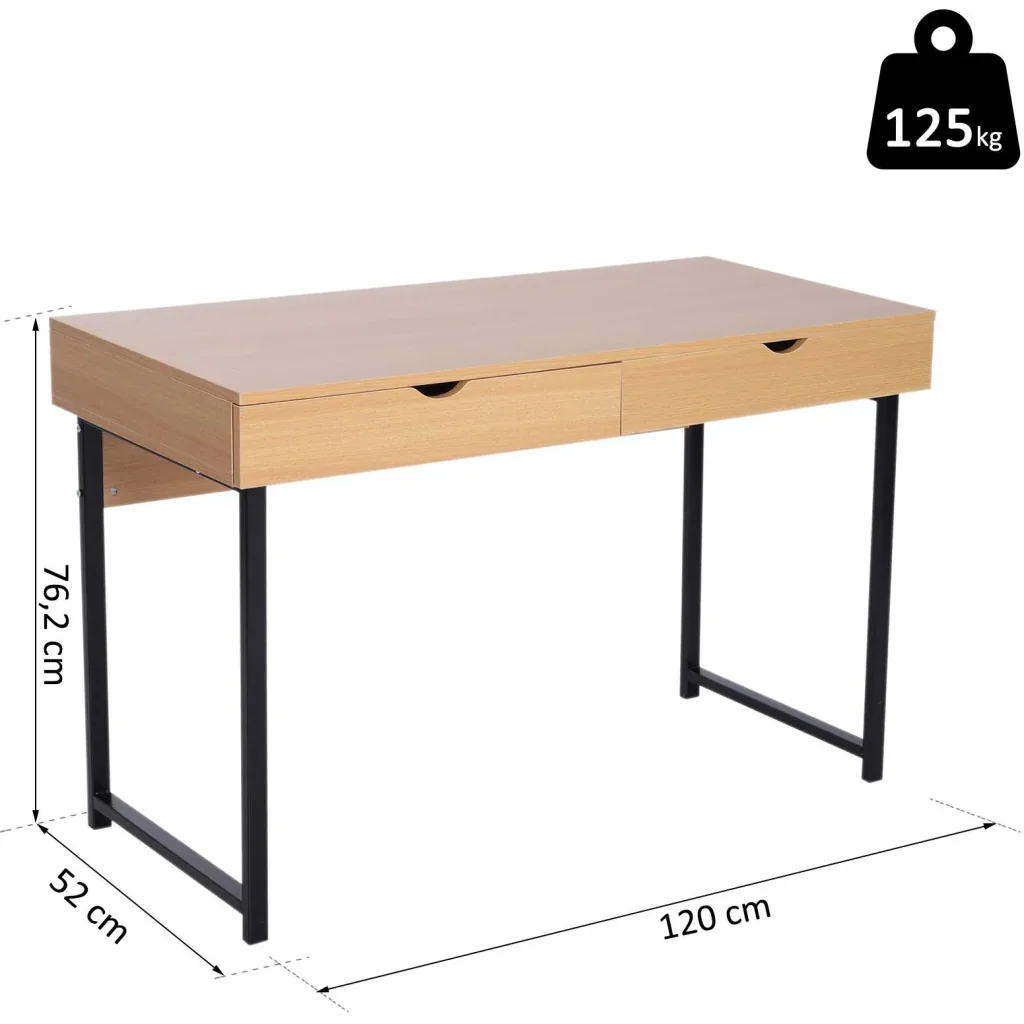 Schreibtisch PC-Tisch Computertisch mit 2 Schubladen Holz + Metall Natur 120 x 52 x 76,2 cm