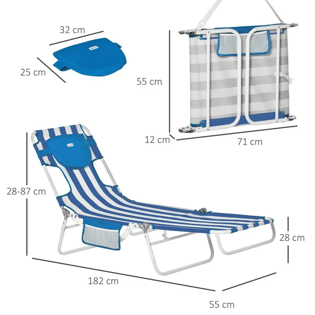 2er-Set Sonnenliege Gartenliege mit Leseöffnung 5-stufig einstellbar Gartenmöbel PVC-Gewebe+Metall Blau+Weiß 182 x 55 x