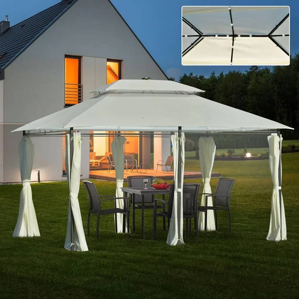 Gartenpavillon 4 x 3m Pavillon Gartenzelt Festzelt Partyzelt mit LED Licht Stahl Polyester Cremeweiß