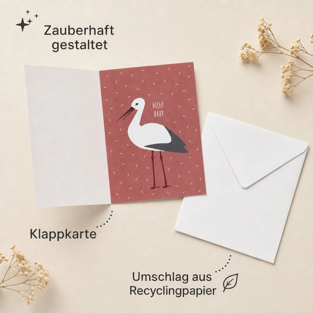 Ava & Yves Glückwunsch Karte zur Geburt Storch rot