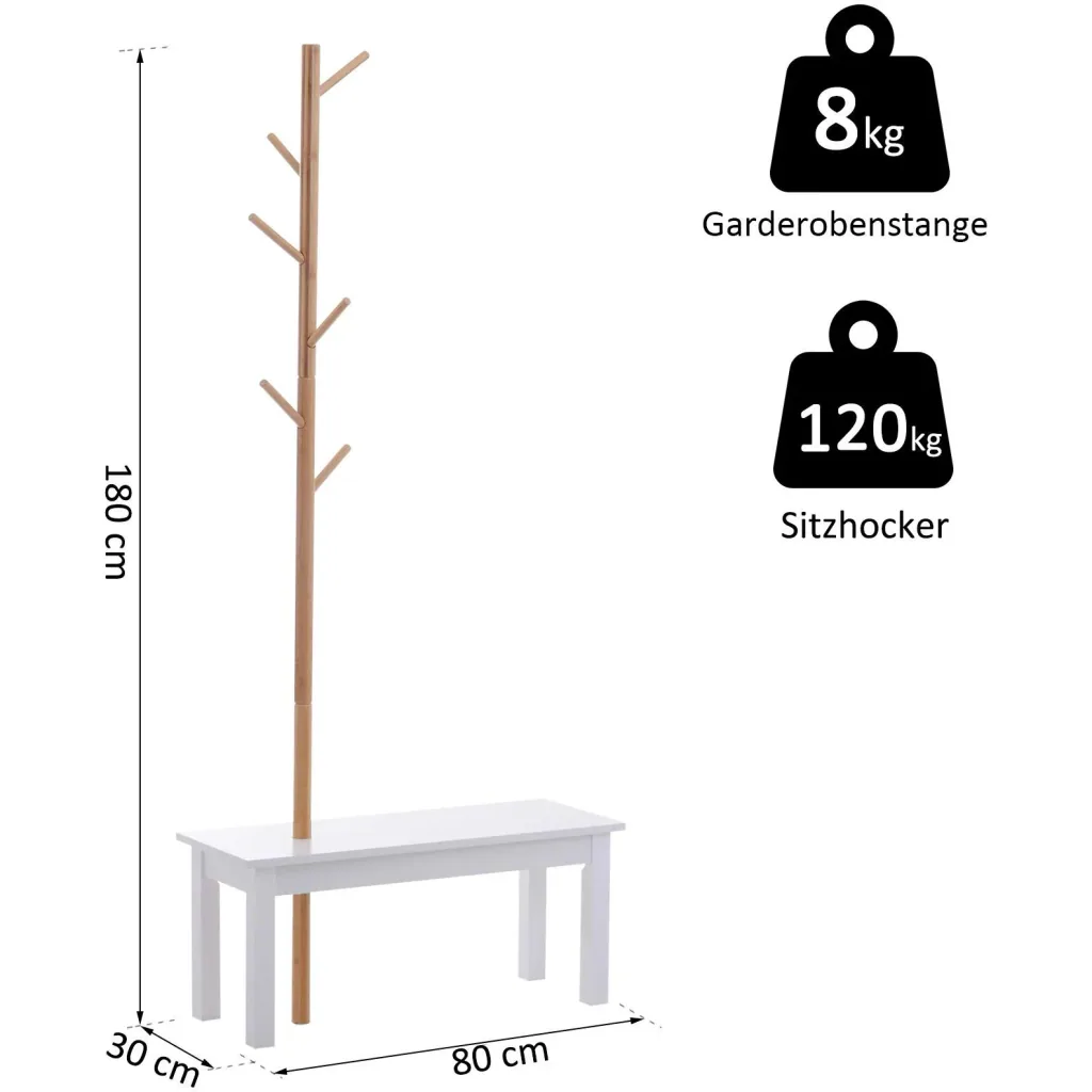 Garderobenständer Kleiderhaken Garderobe mit Sitzbank Baum-Design Zweige 6 Haken