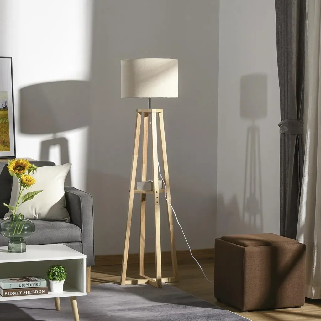Stehlampe Stehleuchte mit Regal Pedal-Schalter modern und prägnant für Wohnzimmer Schlafzimmer Büro Metall Leinen Gummih