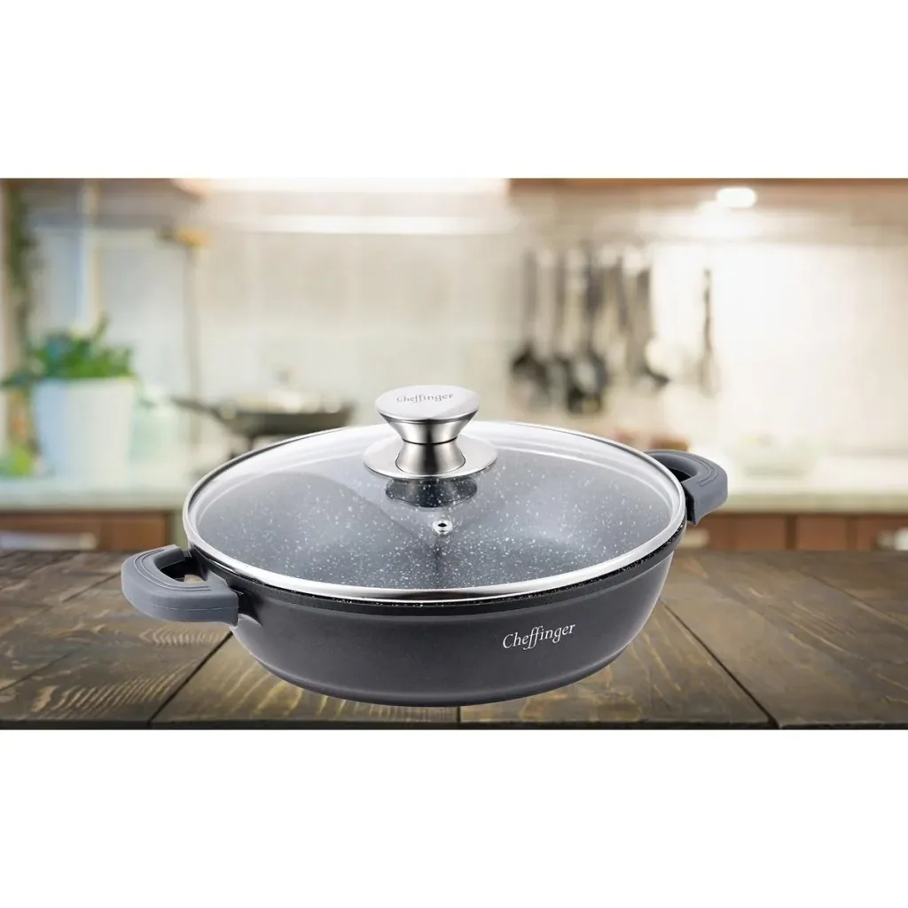 Cheffinger Schmortopf / Niedriger Kochtopf - Marmorbeschichtung - mit abnehmbaren Silikongriffen - Edelstahl - 32 cm