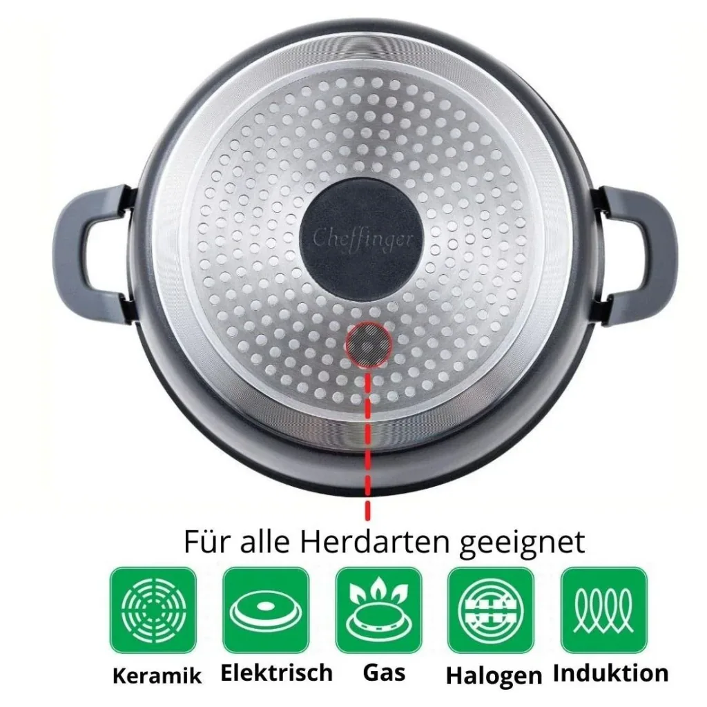 Cheffinger Schmortopf / Niedriger Kochtopf - Marmorbeschichtung - mit abnehmbaren Silikongriffen - Edelstahl - 32 cm
