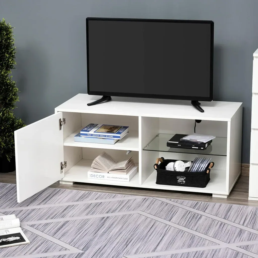 TV Schrank TV-Kommode mit Schubladen und Offene Regale Spanplatte Glas Weiß 100 x 40 x 45 cm