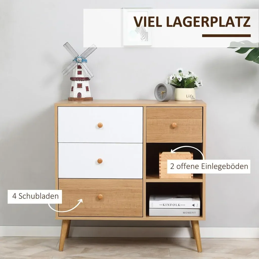Sideboard Küchenschrank Kommode mit 2 offenen Fächern 4 Schubladen Skandi-Design Natur+Weiß 80 x 39 x 80 cm