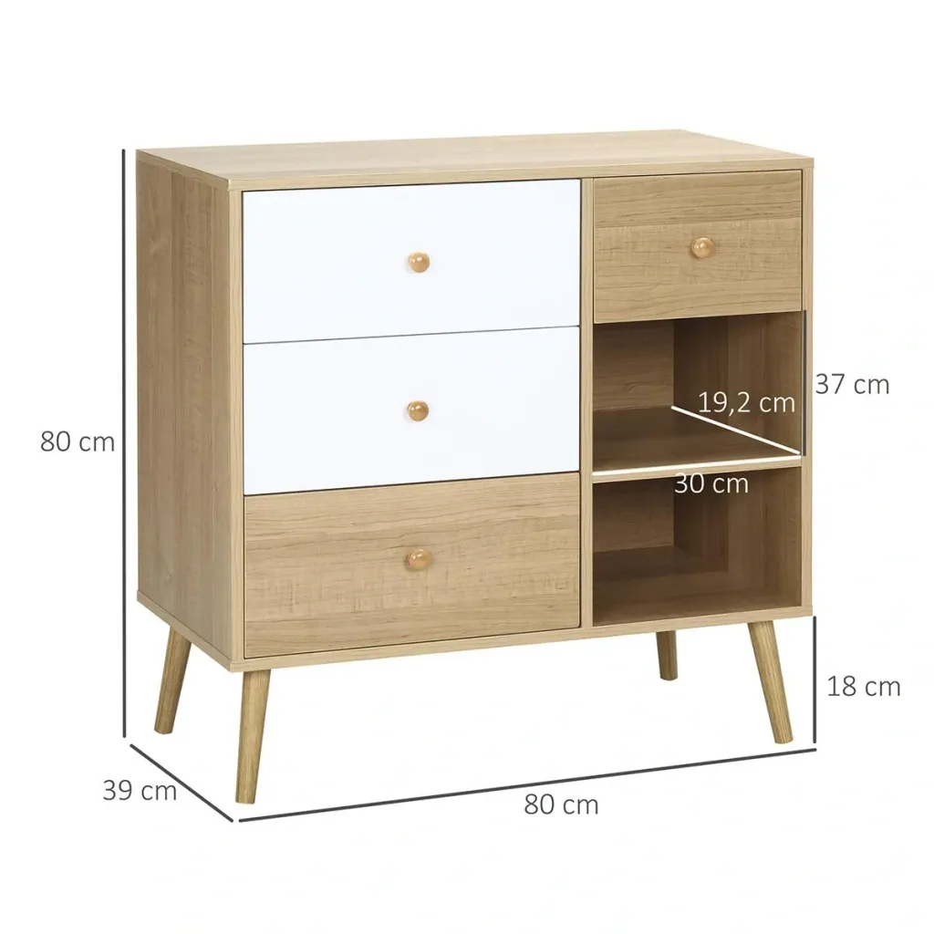 Sideboard Küchenschrank Kommode mit 2 offenen Fächern 4 Schubladen Skandi-Design Natur+Weiß 80 x 39 x 80 cm