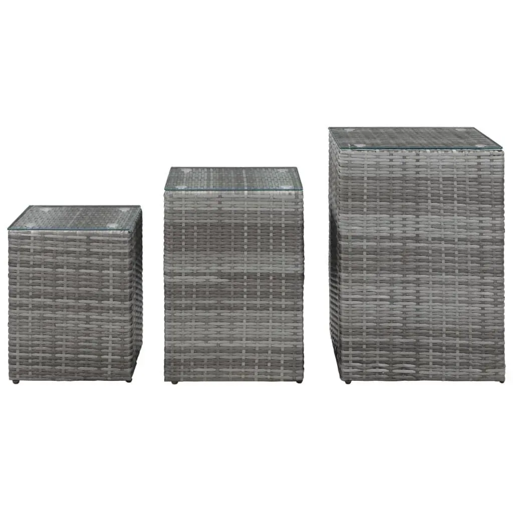 Beistelltisch 3-teilig mit Glasplatte Poly-Rattan grau