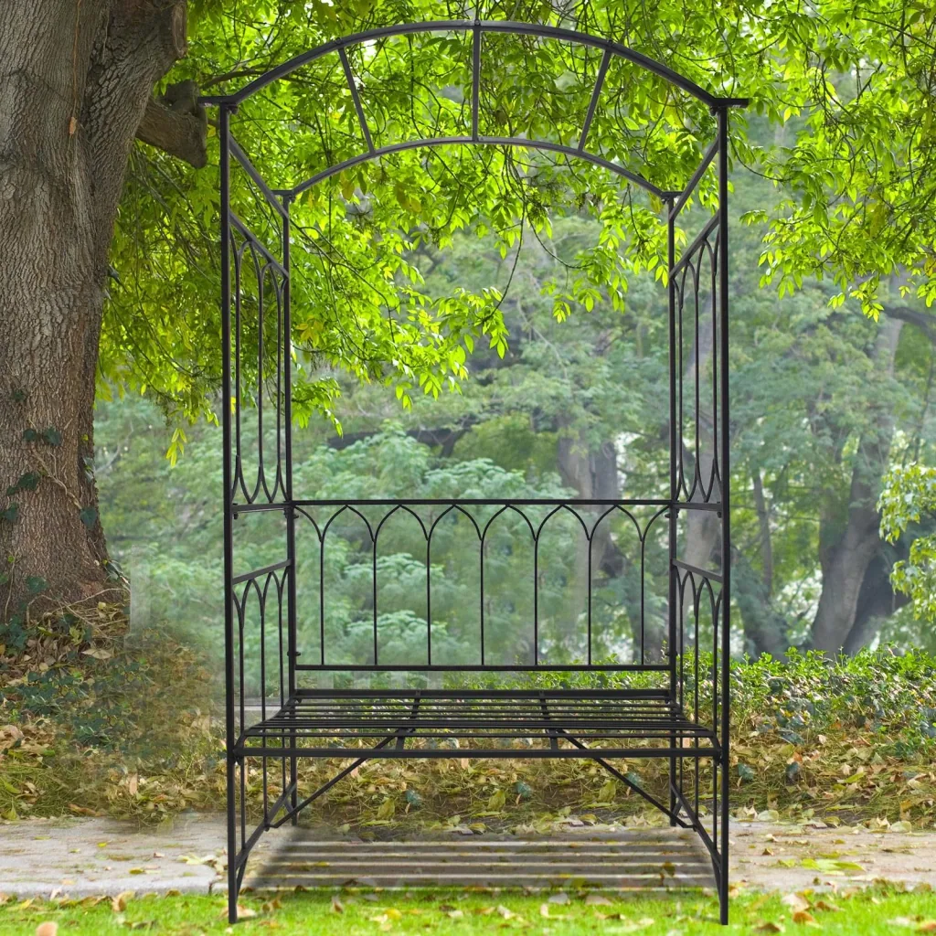 Rosenbogen mit Bank Rosenbank Laubenbank Rankgitter Rankhilfe Metall Schwarz 115 x 50 x 203 cm