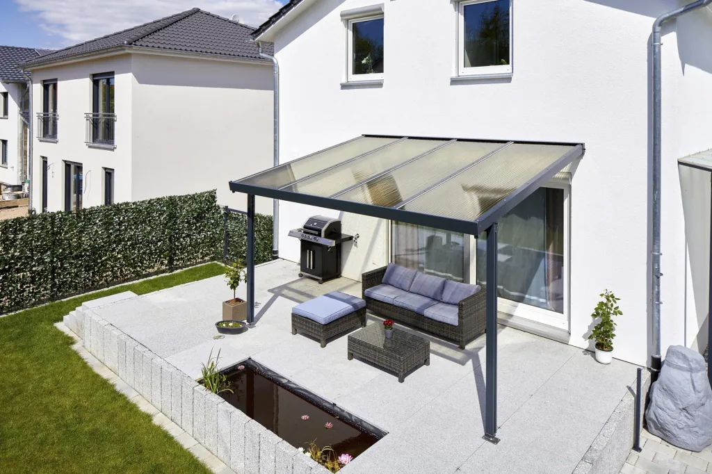 Terrassendach Premium, anthrazit, 4102 x 3060 mm - Acryl Stegplatten 16mm, bronze