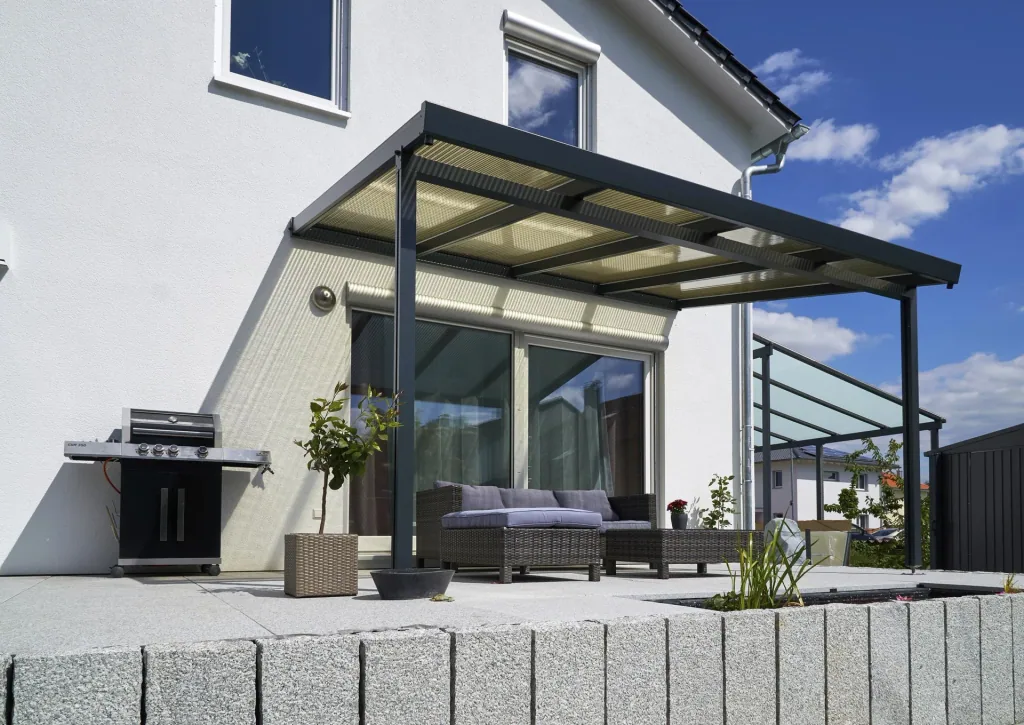 Terrassendach Premium, anthrazit, 4102 x 3060 mm - Acryl Stegplatten 16mm, bronze