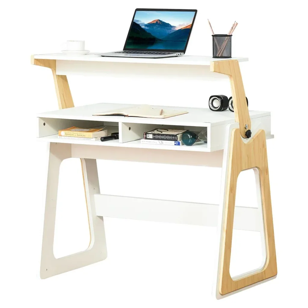 Schreibtisch Stehpult und Sitzpult mit verstellbarem Regal Bürotisch mit 2 Fächer Home-Office helles Kiefer beige Weiß 9