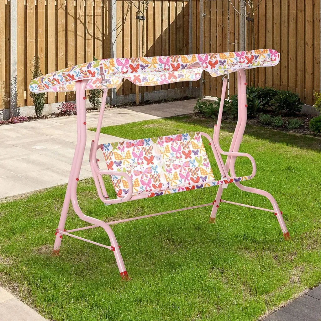 Kinder Hollywoodschaukel Kinderschaukel mit Sonnendach 2-Sitzer Gartenschaukel für 3-6 Jahre Metall Rosa 110L x 70B x 11