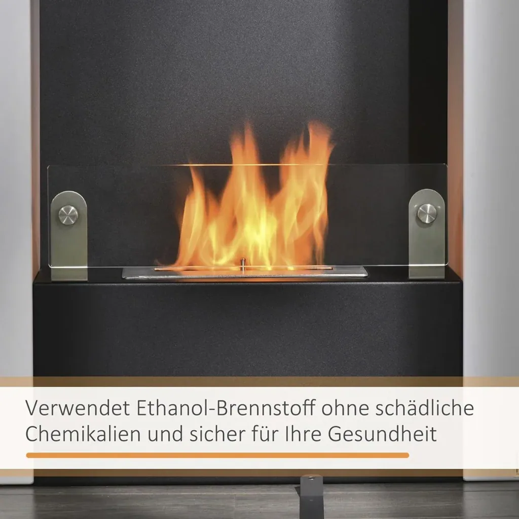 Ethanol-Kamin Bio-Ethanol-Brenner 2000W 1,5L 3 Std. Stahl Edelstahl gehärtetes Glas Weiß+Schwarz 60 x 20 x 79 cm