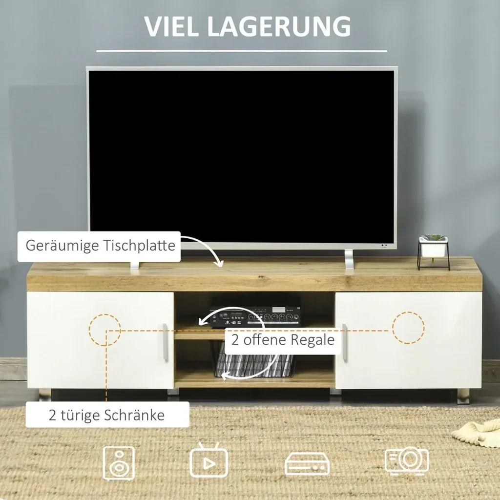 TV Lowborad Fernsehtisch Fernsehschrank TV-Board TV-Schrank TV-Kommode für Fernseher bis 63 Zoll mit 2 Ablageböden Türen
