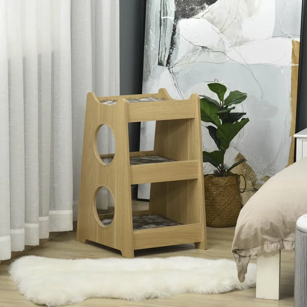 Katzenbett dreiistöckiges Katzenhaus mit Löcher weichen Kissen Polyester MDF Natur+Weiß+Grau 50 x 43 x 74 cm