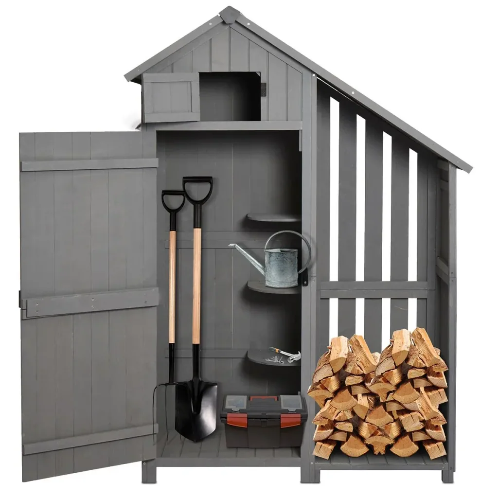 Gartenschrank Holz Geräteschuppen Gartenhaus Geräteschrank Holzhütte Giebeldach Grau+ Schwarz 129 x 51,5 x 180 cm