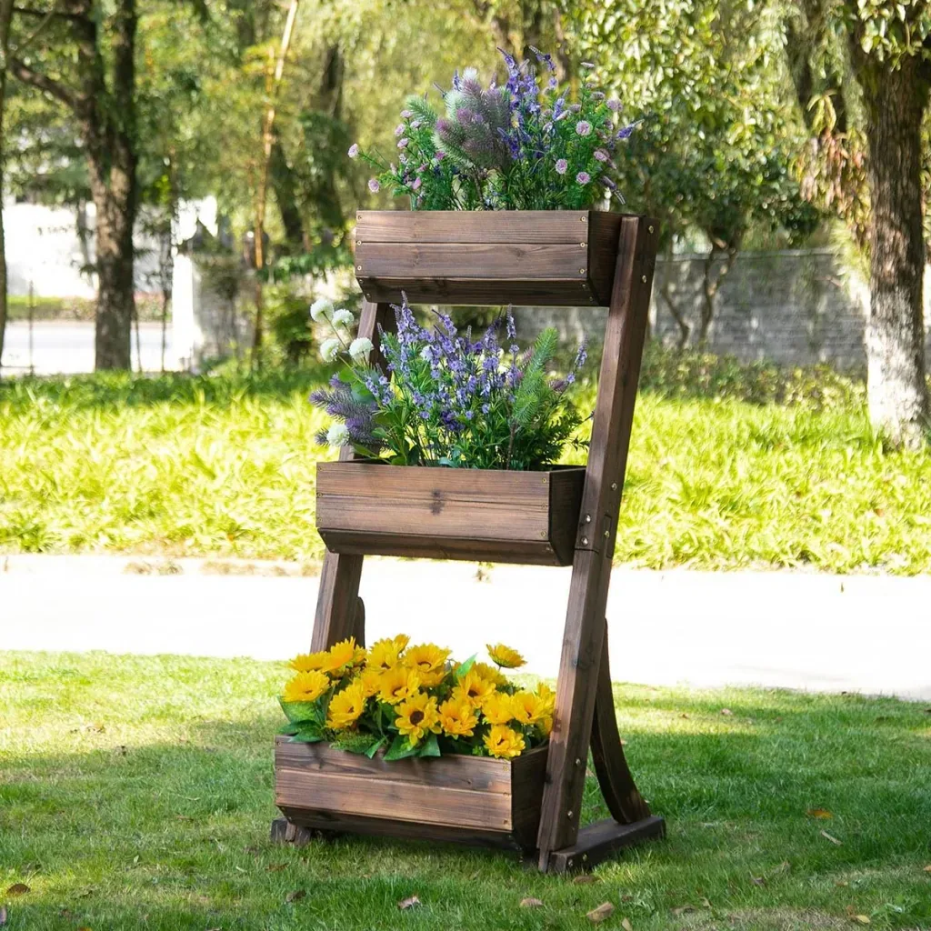 Blumentreppe Holz Blumenleiter mit 3 Ablagen Pflanzentreppe Pflanzregal Pflanzenständer Blumenregal Blumenständer Braun