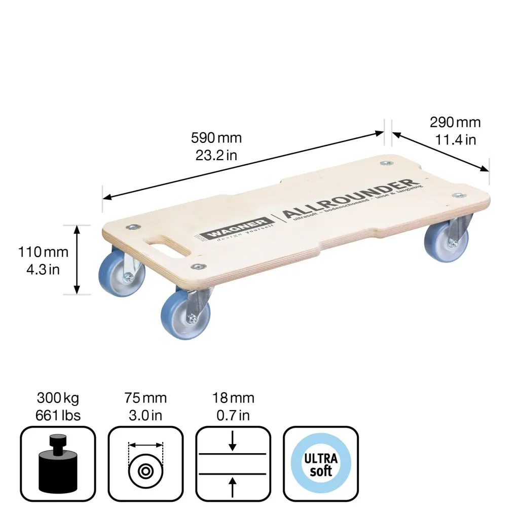 Transporthilfe MM 1325, 59 x 29 x 11 cm, softe Rollen Ø 75 mm, Rollenlager, Multiplex Birke FSC®, Tragkraft 300 kg