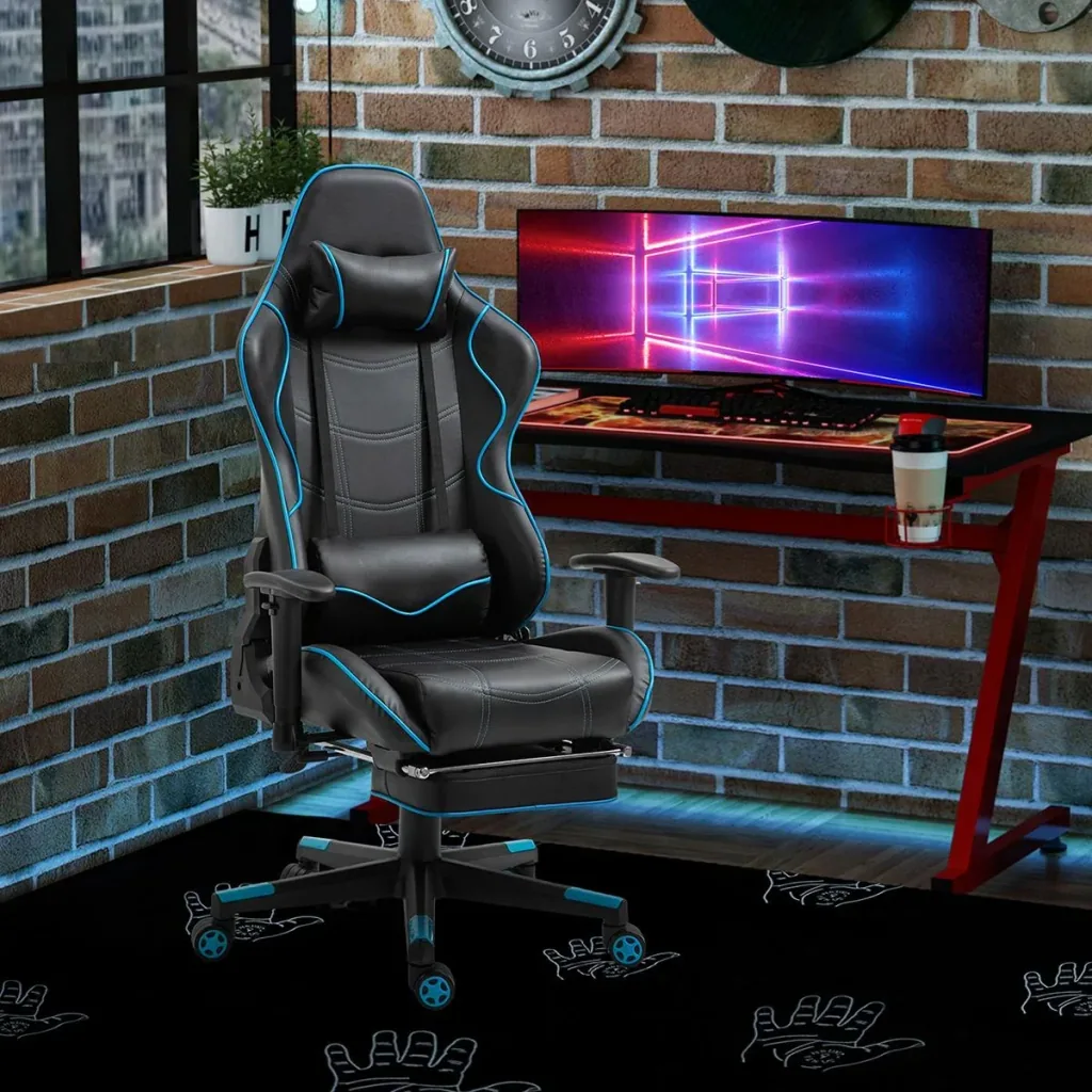 Gamingstuhl mit Kopfstütze Lendenkissen Bürostuhl mit Fußstütze höhenverstellbarer Schaumstoff Nylon Kunstleder Schwarz+