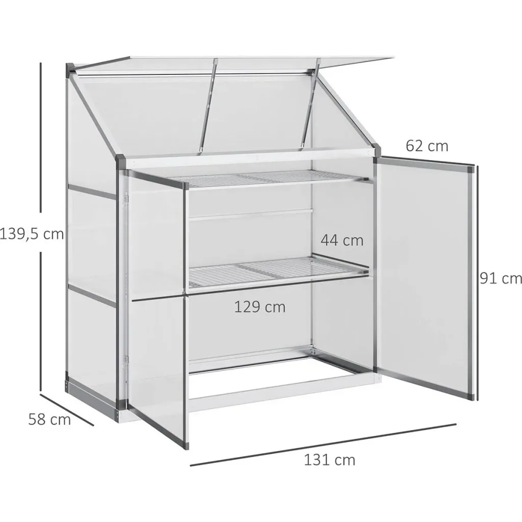 Alu-Gewächshaus mit Schiebetür Fundamentrahmen 3 Ebenen Frühbeet 129,5 x 58 x 140,5 cm Treibhaus Pflanzenhaus Tomatenhau