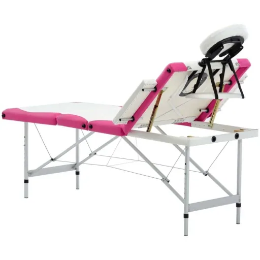 Klappbarer Massagetisch mit 4 Zonen, Aluminium weiß und rosa