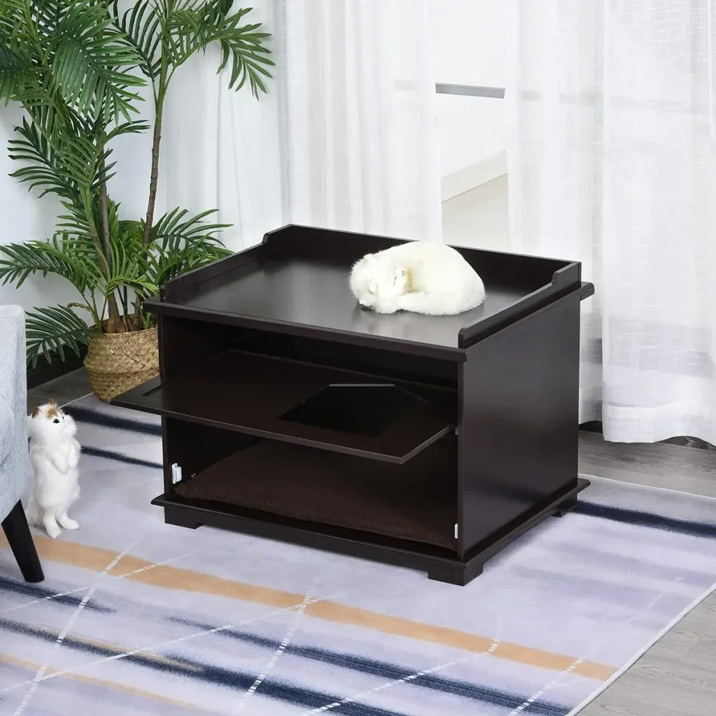 Katzentoilette, Katzenklo, Katzenhaus, Katzenschrank für Katzenbett mit Drehtür, MDF, Braun, 74 x 54 x 53 cm