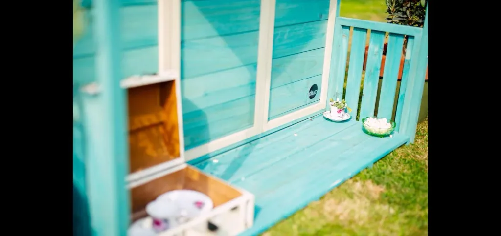 Holz Spielhaus Deckhouse, Outdoor-Spielhaus für Kinder aus Holz, Veranda, Spitzdach, türkis