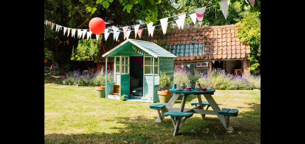 Holz Spielhaus Deckhouse, Outdoor-Spielhaus für Kinder aus Holz, Veranda, Spitzdach, türkis