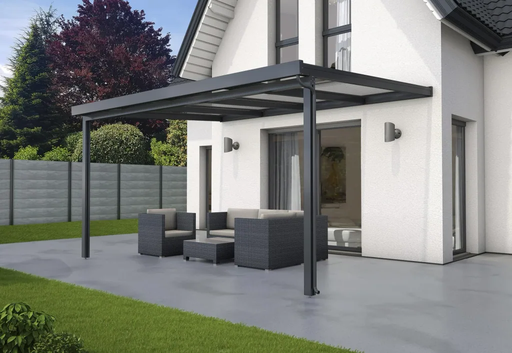 Terrassendach Premium, anthrazit, 4102 x 3060 mm - Polycarbonat Stegplatten 16 mm, weiß gestreift