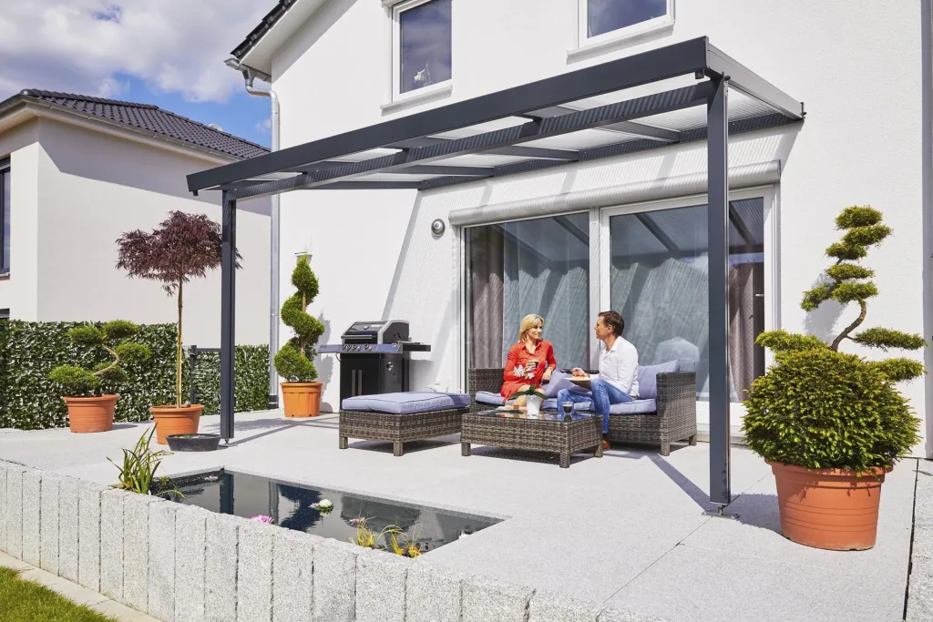Terrassendach Premium, anthrazit, 4102 x 3060 mm - Polycarbonat Stegplatten 16 mm, weiß gestreift