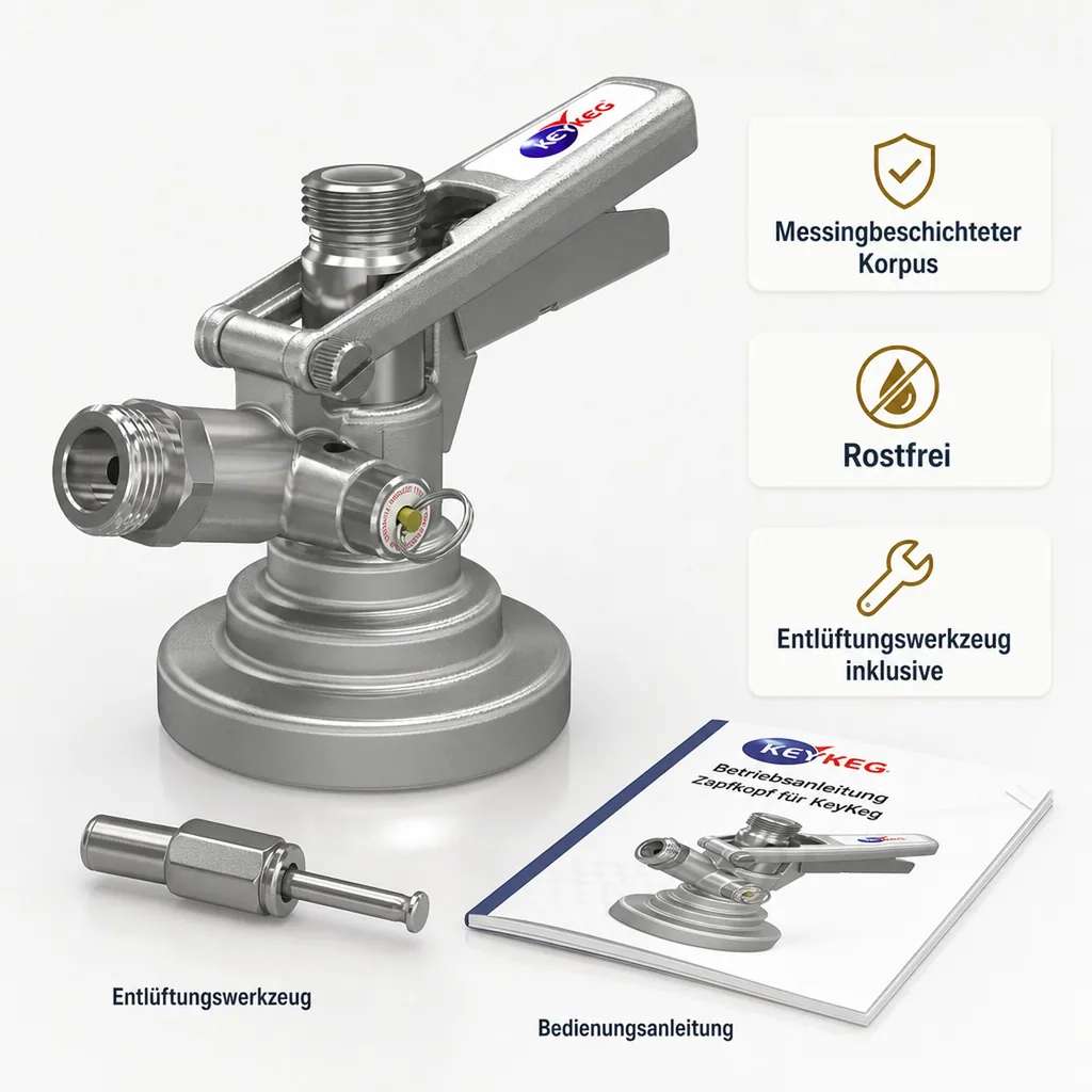 Zapfkopf, Keg Verschluss für KeyKeg Fässer - Mit Sicherheitsventil & Edelstahl-Fühler für Bier, Wein & Softdrinks