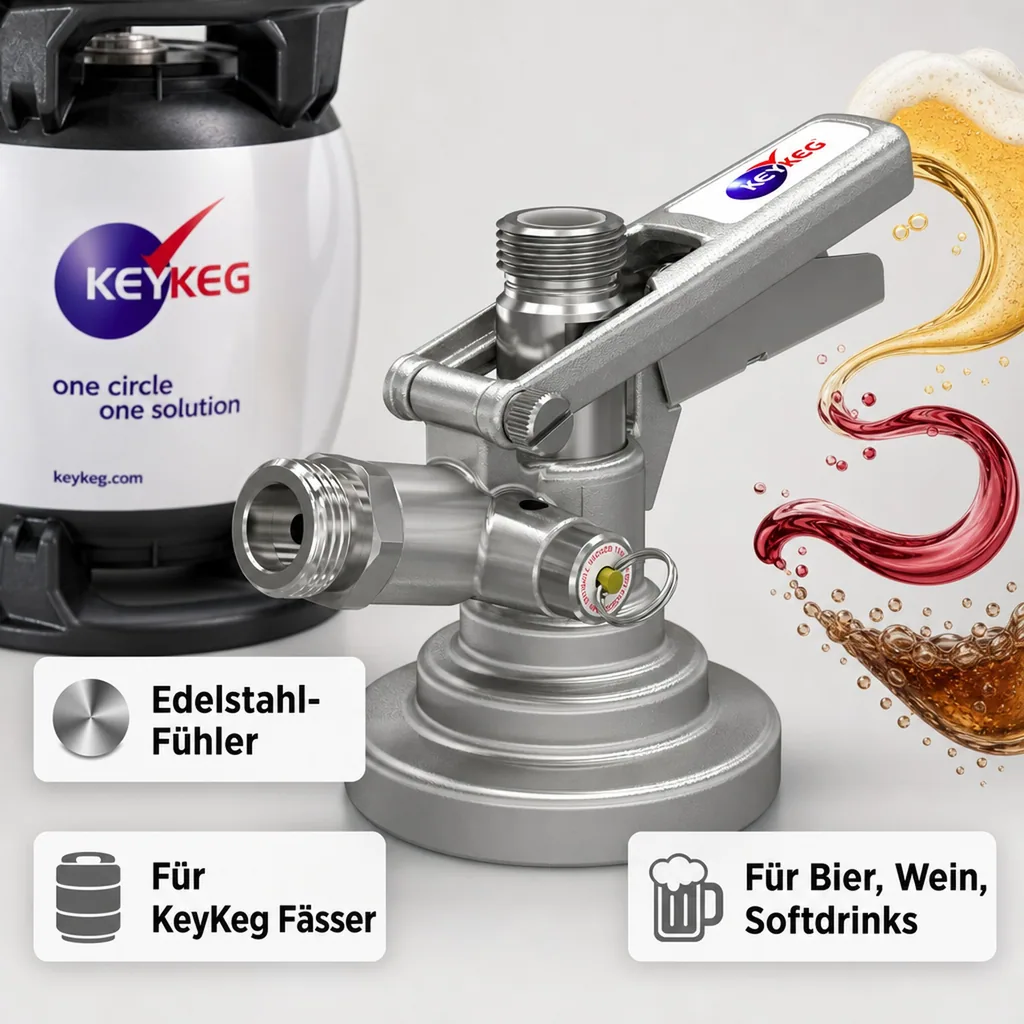 Zapfkopf, Keg Verschluss für KeyKeg Fässer - Mit Sicherheitsventil & Edelstahl-Fühler für Bier, Wein & Softdrinks