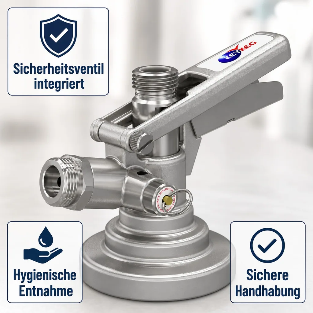 Zapfkopf, Keg Verschluss für KeyKeg Fässer - Mit Sicherheitsventil & Edelstahl-Fühler für Bier, Wein & Softdrinks