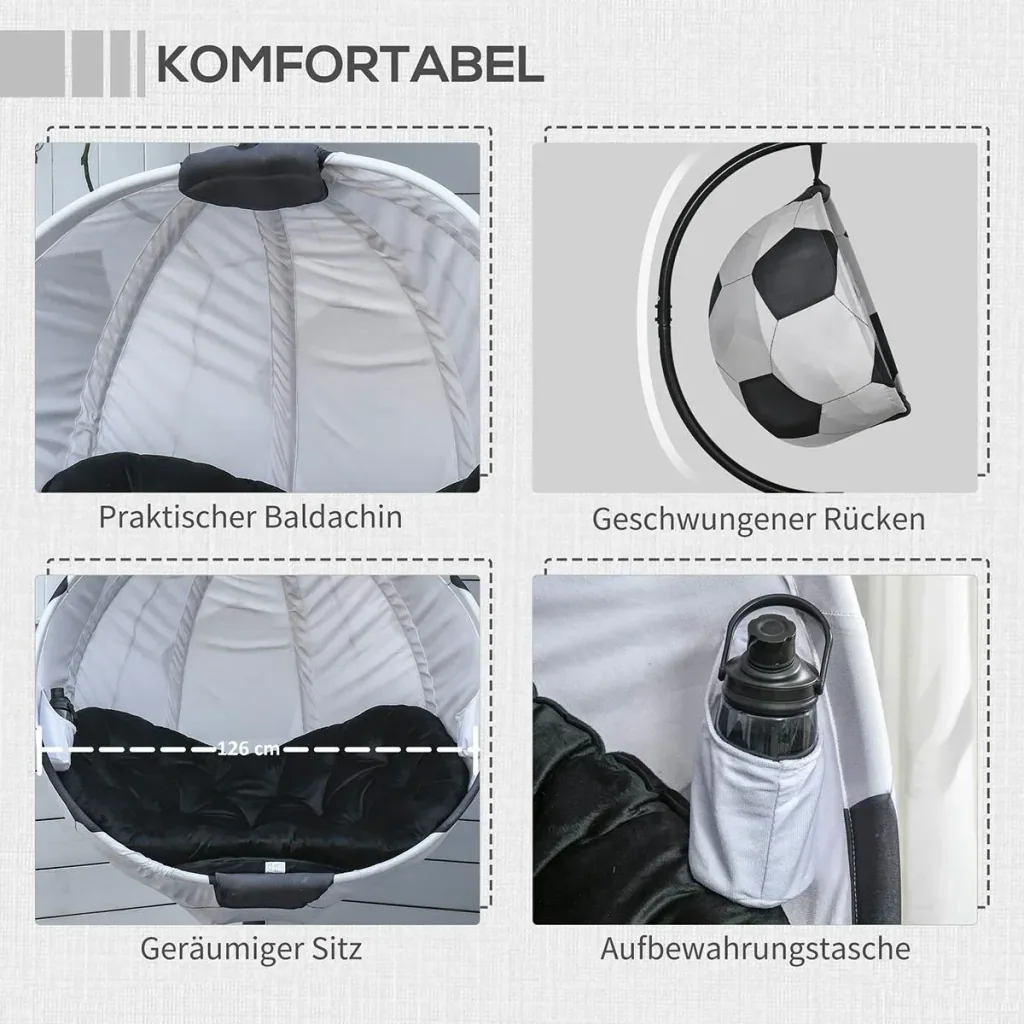 Hängesessel Hängekorb mit Gestell Fußballdesign Hängeschaukel Hängestuhl mit Kissen Korb faltbar Stahl