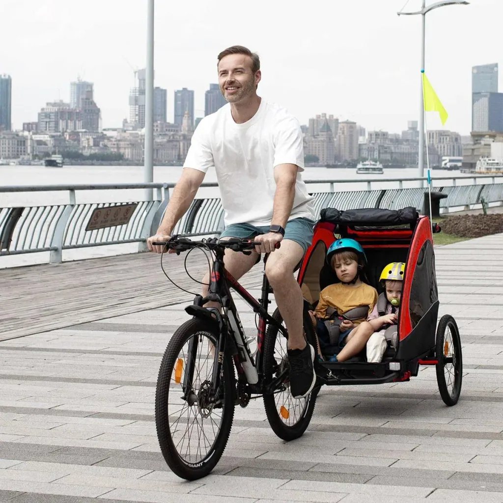3 in 1 Kinderanhänger Aluminium Kinder Jogger Fahrradanhänger Radanhänger für 2 kinder mit Fahne Rot+Schwarz