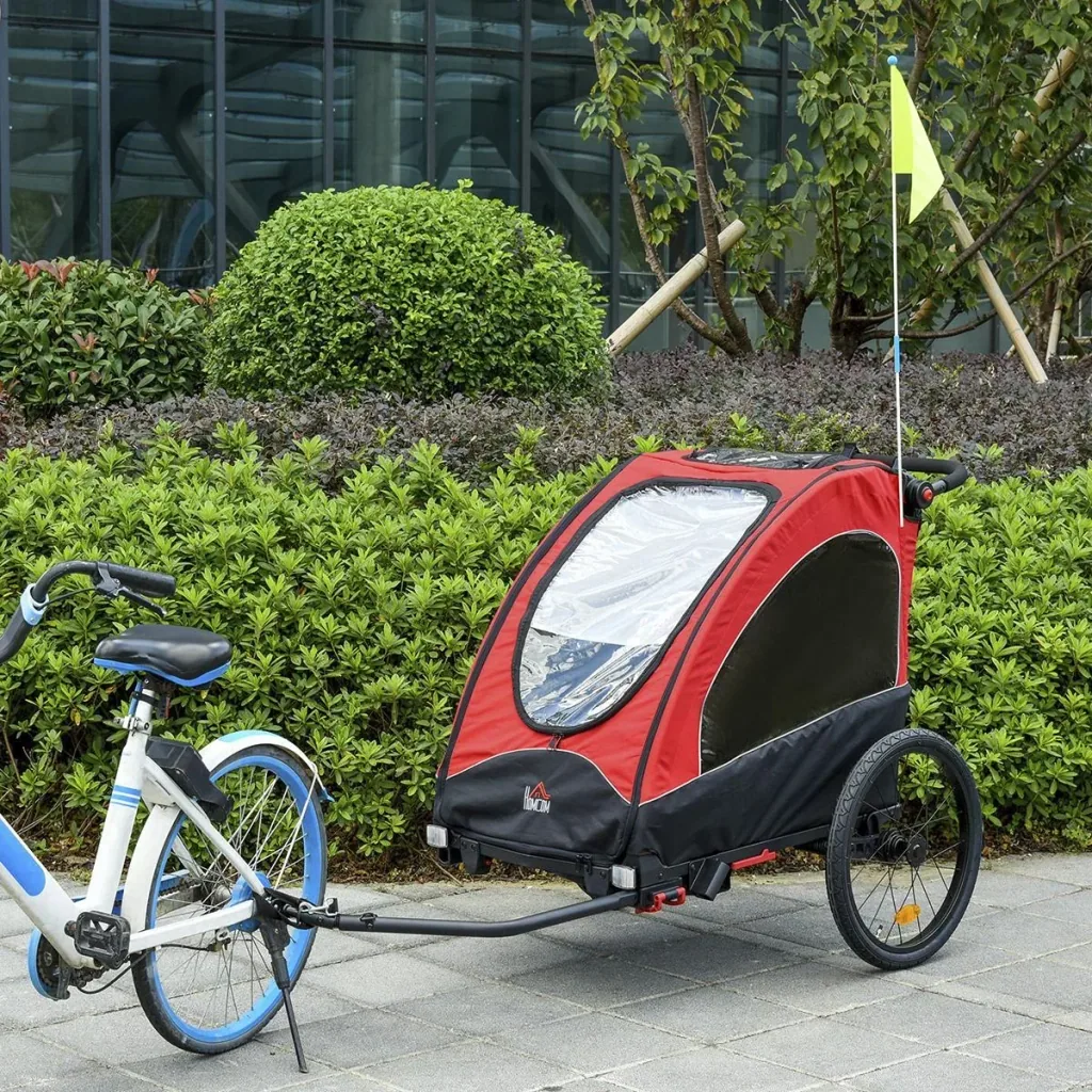 3 in 1 Kinderanhänger Aluminium Kinder Jogger Fahrradanhänger Radanhänger für 2 kinder mit Fahne Rot+Schwarz